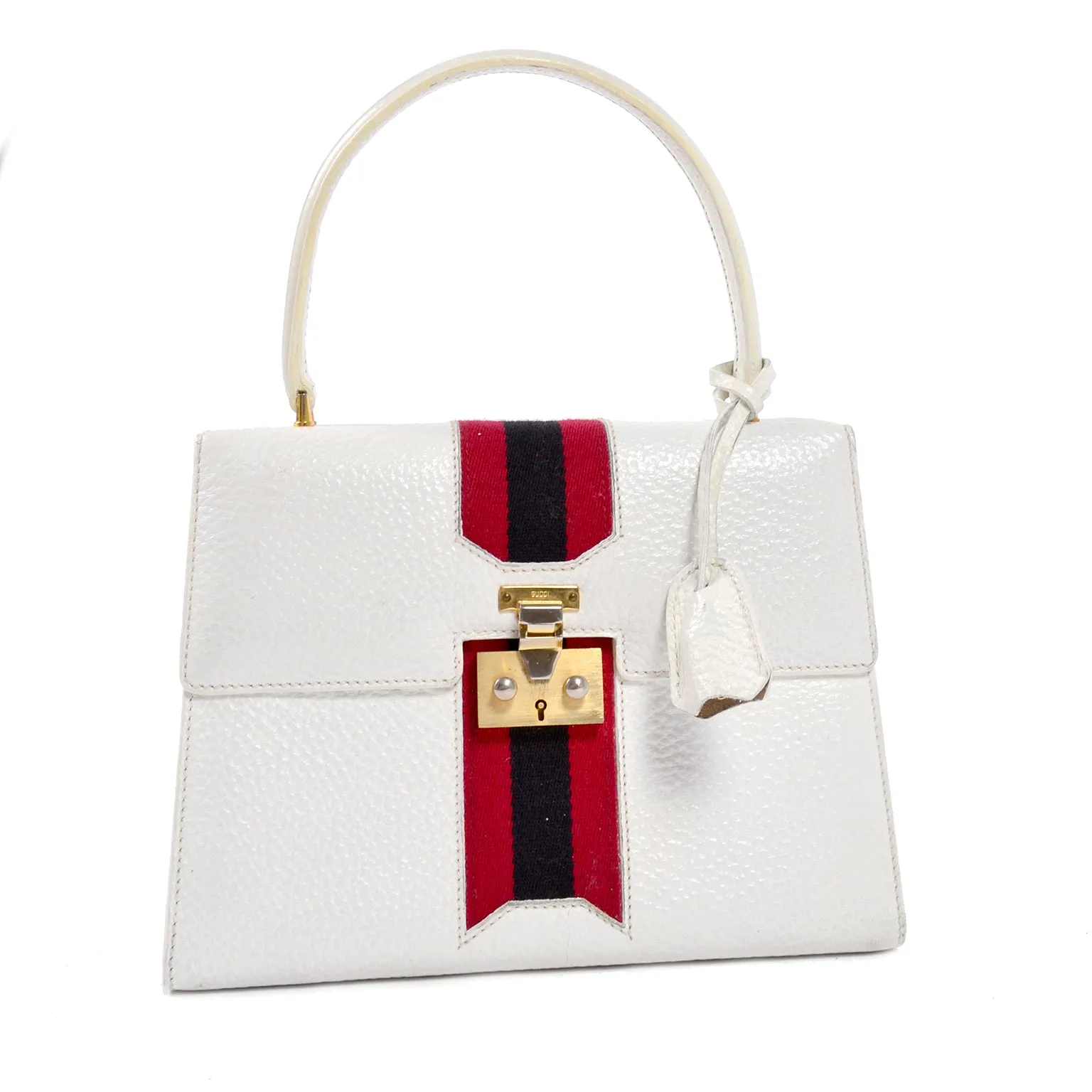 1960's Gucci Padlock Top Handle Handbag in White Leather With Stripes & Key Lock