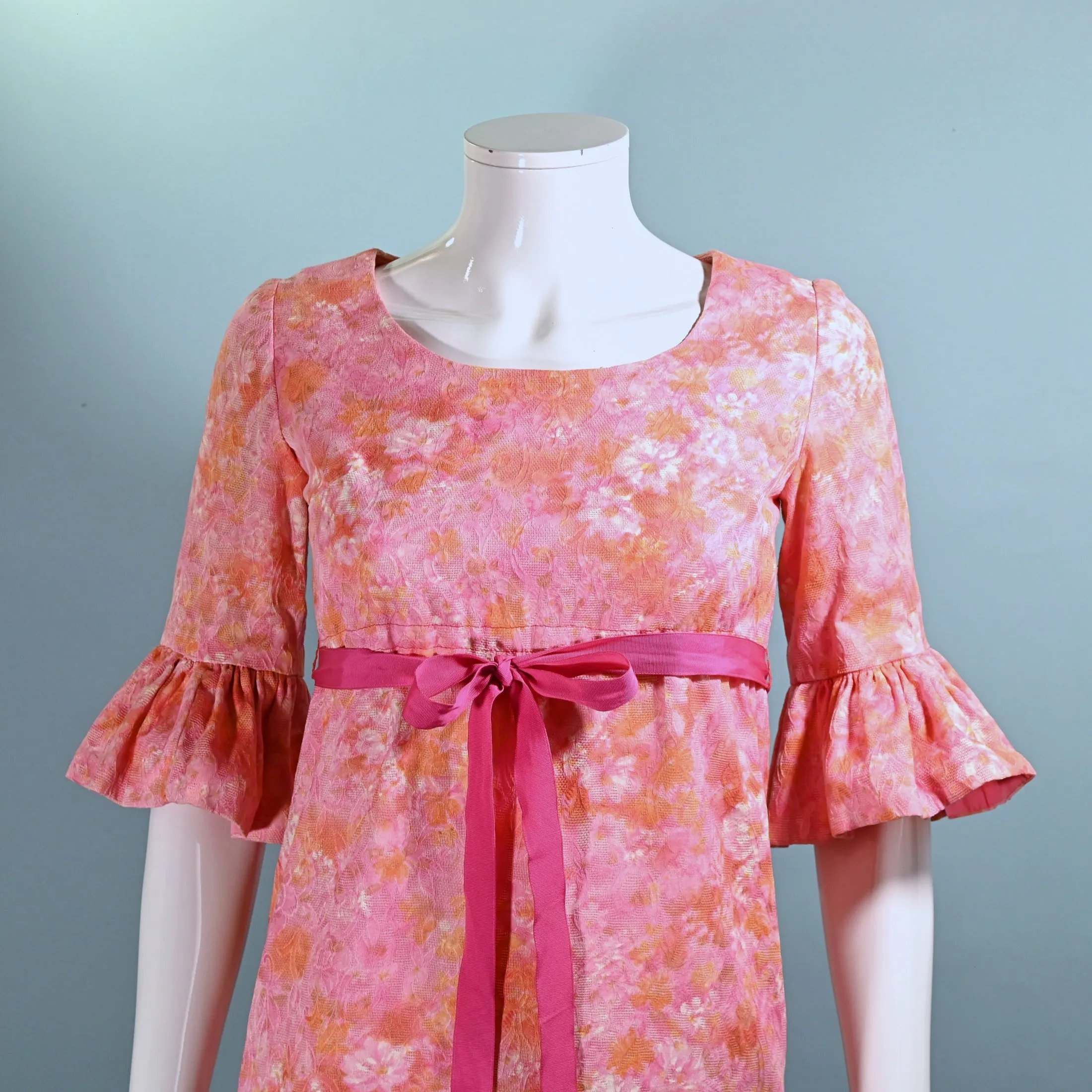 60s Mod Pink Empire Waist Ruffled Sleeve Mini Dress, Junior Teen/Girls