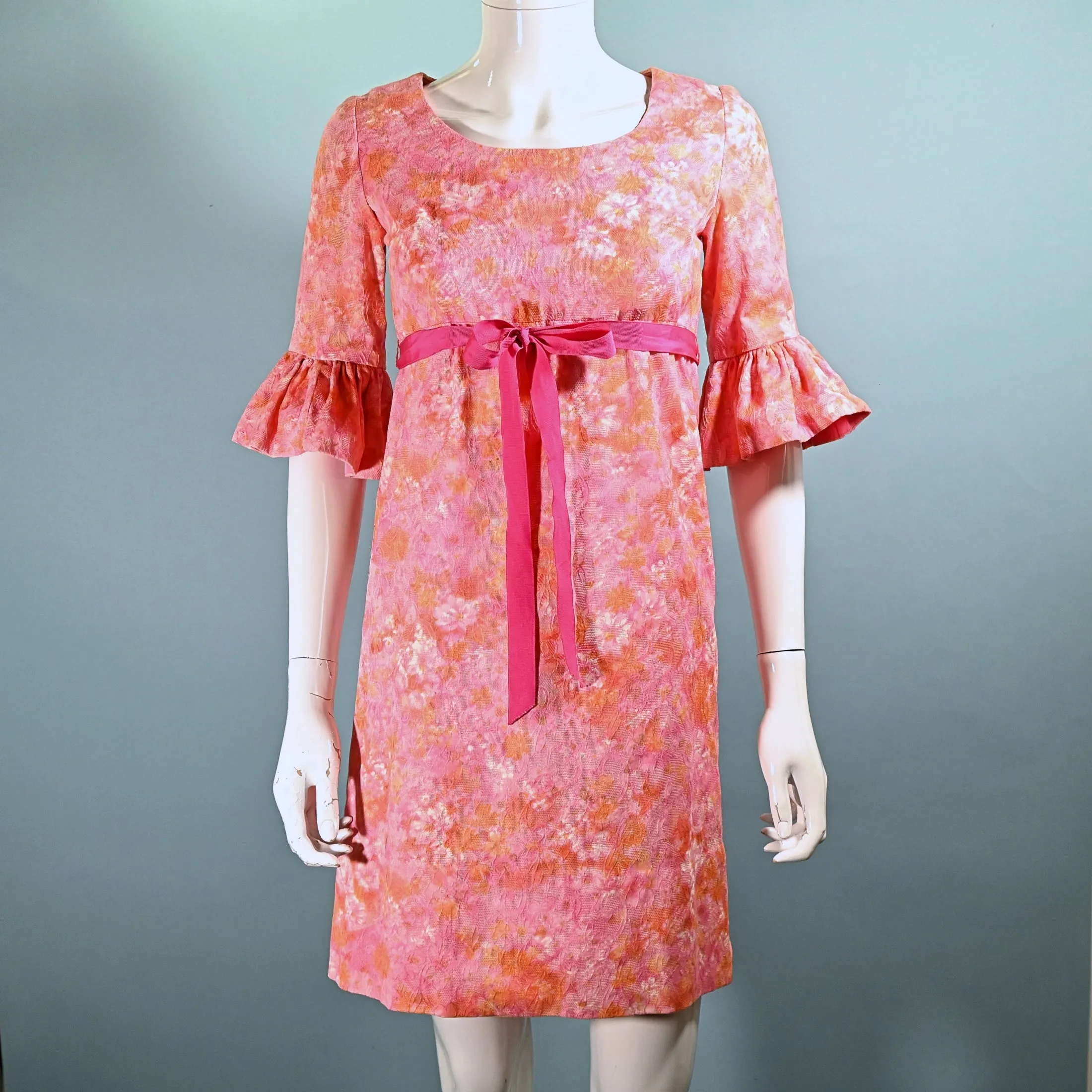 60s Mod Pink Empire Waist Ruffled Sleeve Mini Dress, Junior Teen/Girls