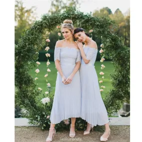 A-Line Off-the-Shoulder Light Blue Lace Top Pleated Chiffon Bridesmaid Dress , BD0514