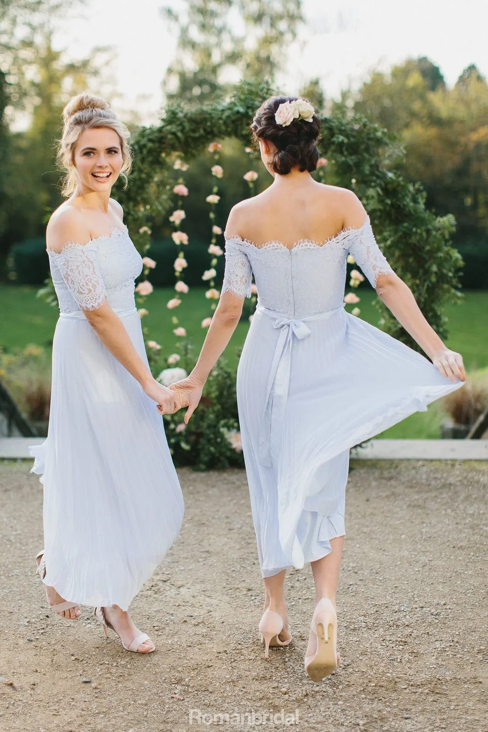 A-Line Off-the-Shoulder Light Blue Lace Top Pleated Chiffon Bridesmaid Dress , BD0514