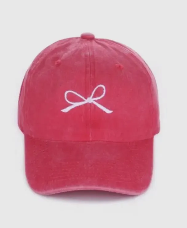 Accessories- Red  Ribbon Embroidery Washed Bow Caps