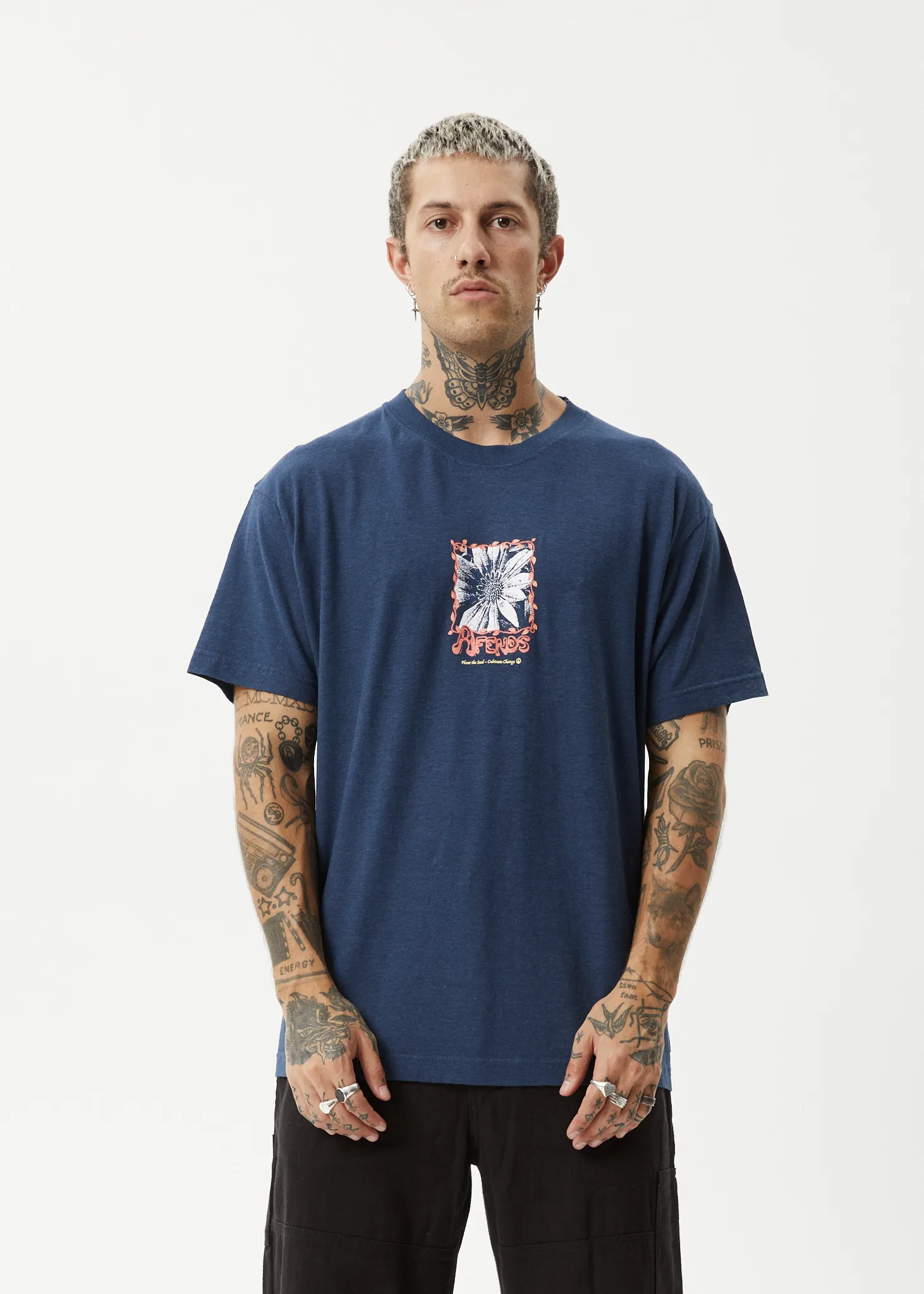 AFENDS Mens Sunflower - Boxy T-Shirt - Navy