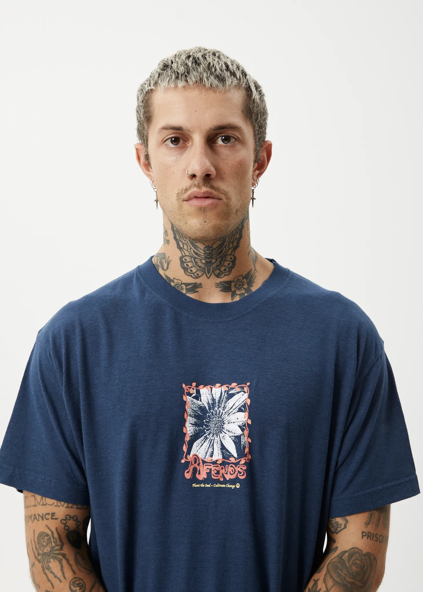 AFENDS Mens Sunflower - Boxy T-Shirt - Navy