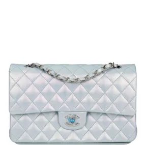 Chanel Medium Classic Double Flap Bag Blue Iridescent Lambskin Silver Hardware