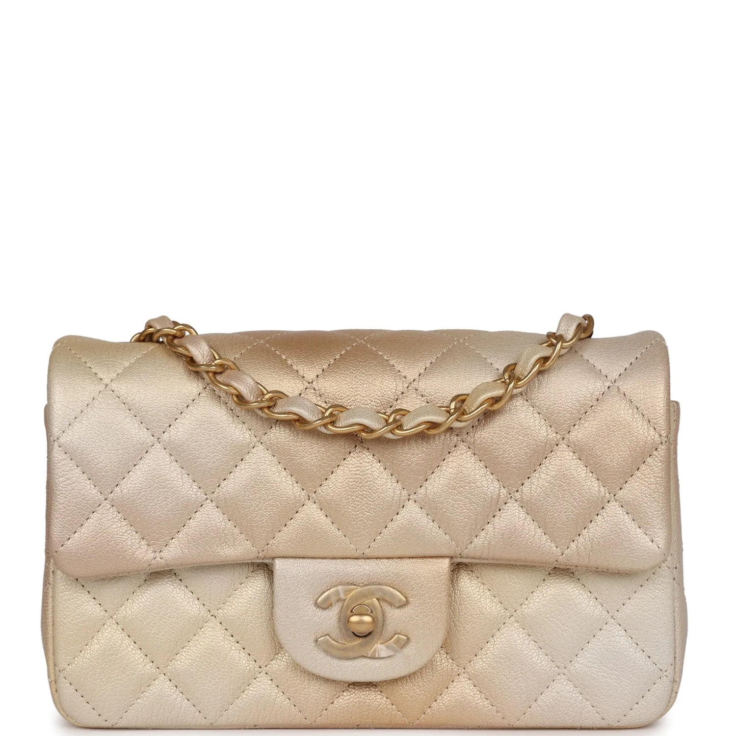 Chanel Mini Classic Rectangular Flap Iridescent Gold and Beige Ombre Chevre Aged Gold Hardware