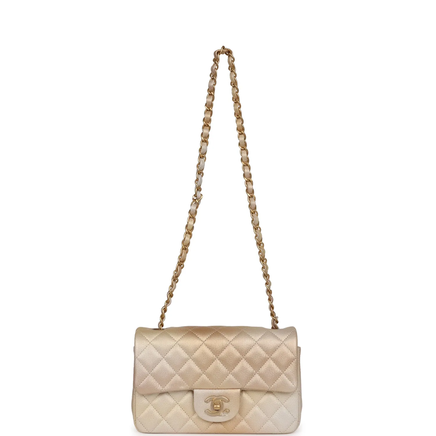 Chanel Mini Classic Rectangular Flap Iridescent Gold and Beige Ombre Chevre Aged Gold Hardware