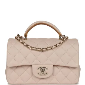 Chanel Mini Rectangular Flap with Top Handle Beige Lambskin Light Gold Hardware