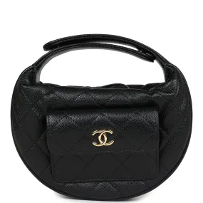 Chanel Mini Round Hobo Pouch Bag Black Caviar Gold Hardware