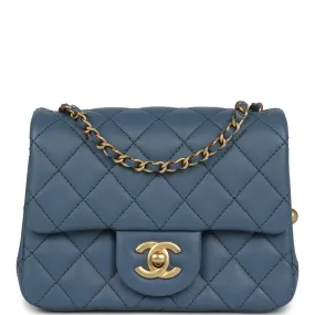 Chanel Pearl Crush Mini Square Flap Bag Blue Lambskin Antique Gold Hardware