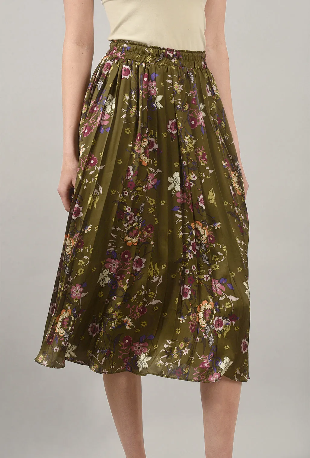 Flower-Print Pleated Skirt, Olive