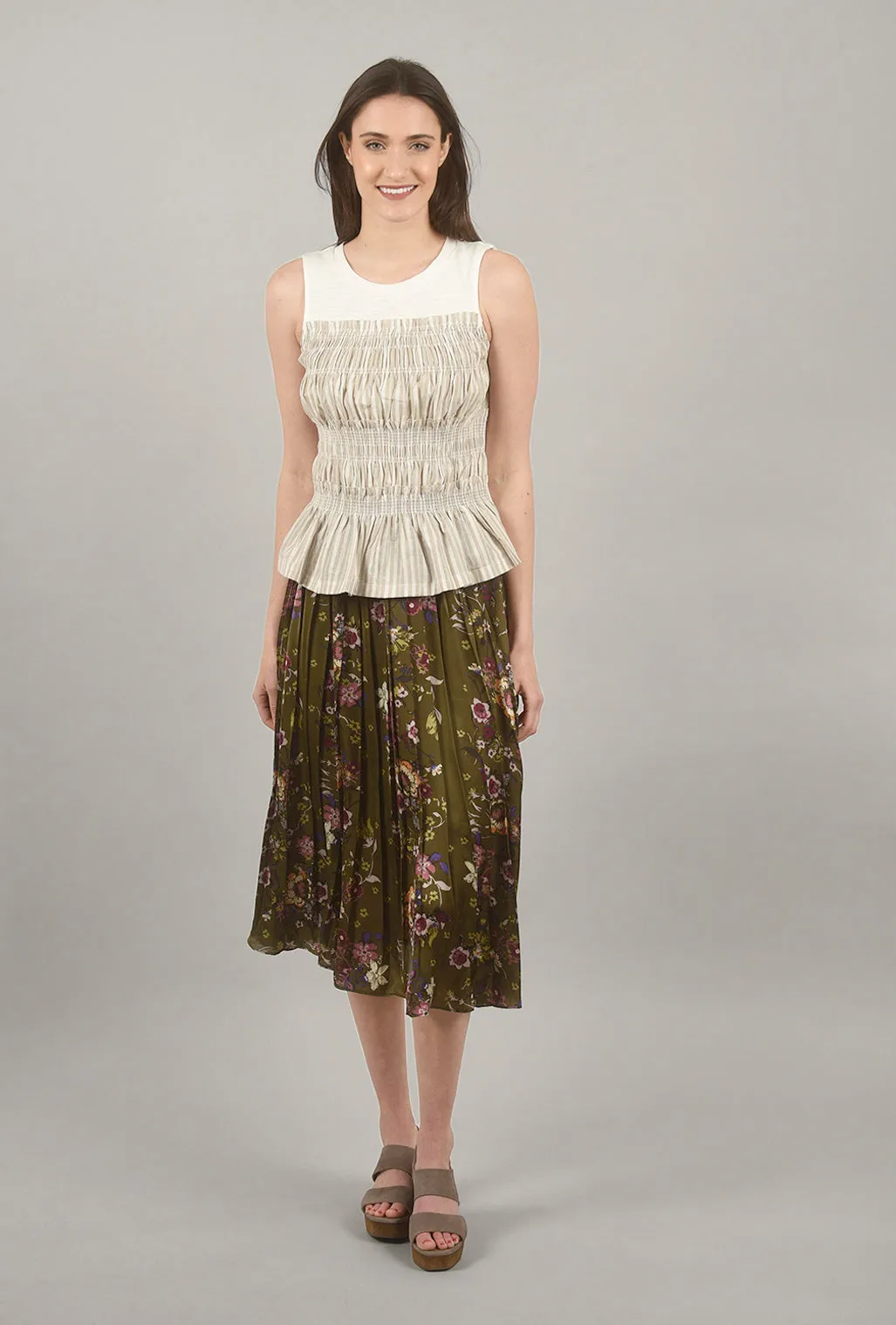 Flower-Print Pleated Skirt, Olive