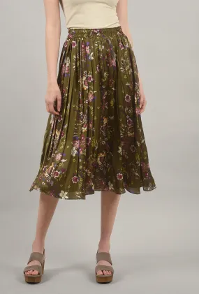 Flower-Print Pleated Skirt, Olive