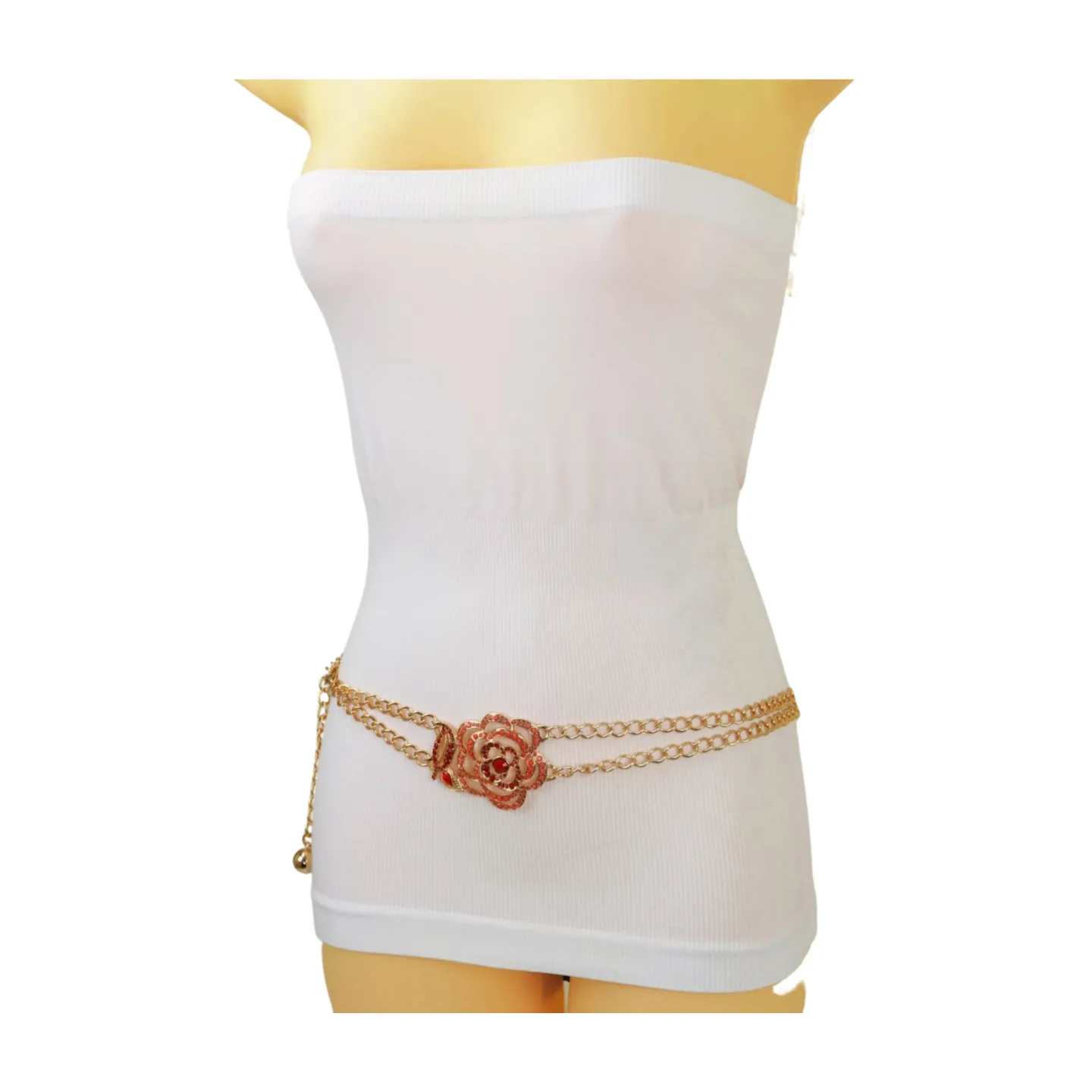 Gold Metal Chain Belt Hip High Waist Red Flower Charm S M