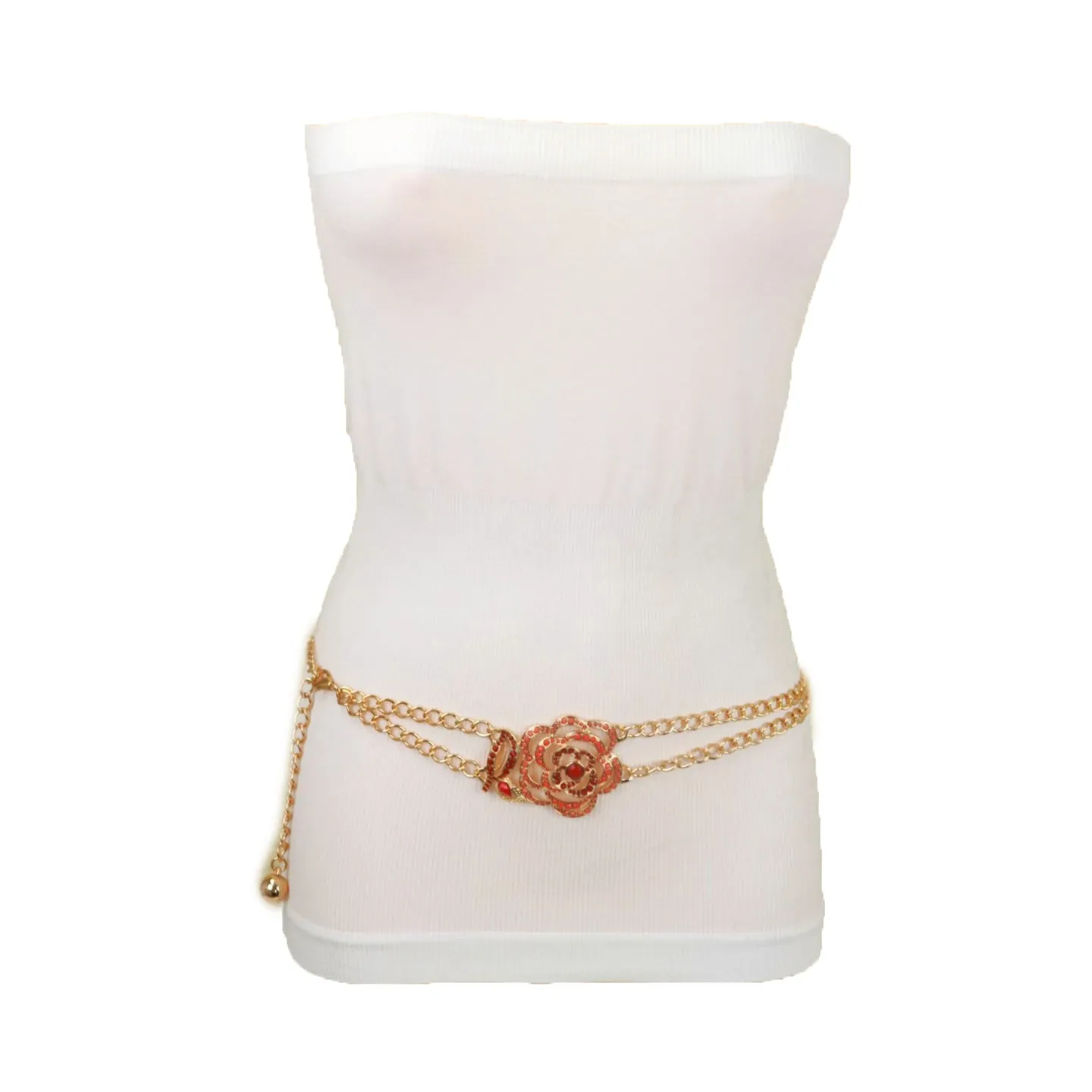 Gold Metal Chain Belt Hip High Waist Red Flower Charm S M