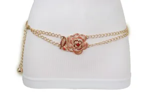 Gold Metal Chain Belt Hip High Waist Red Flower Charm S M