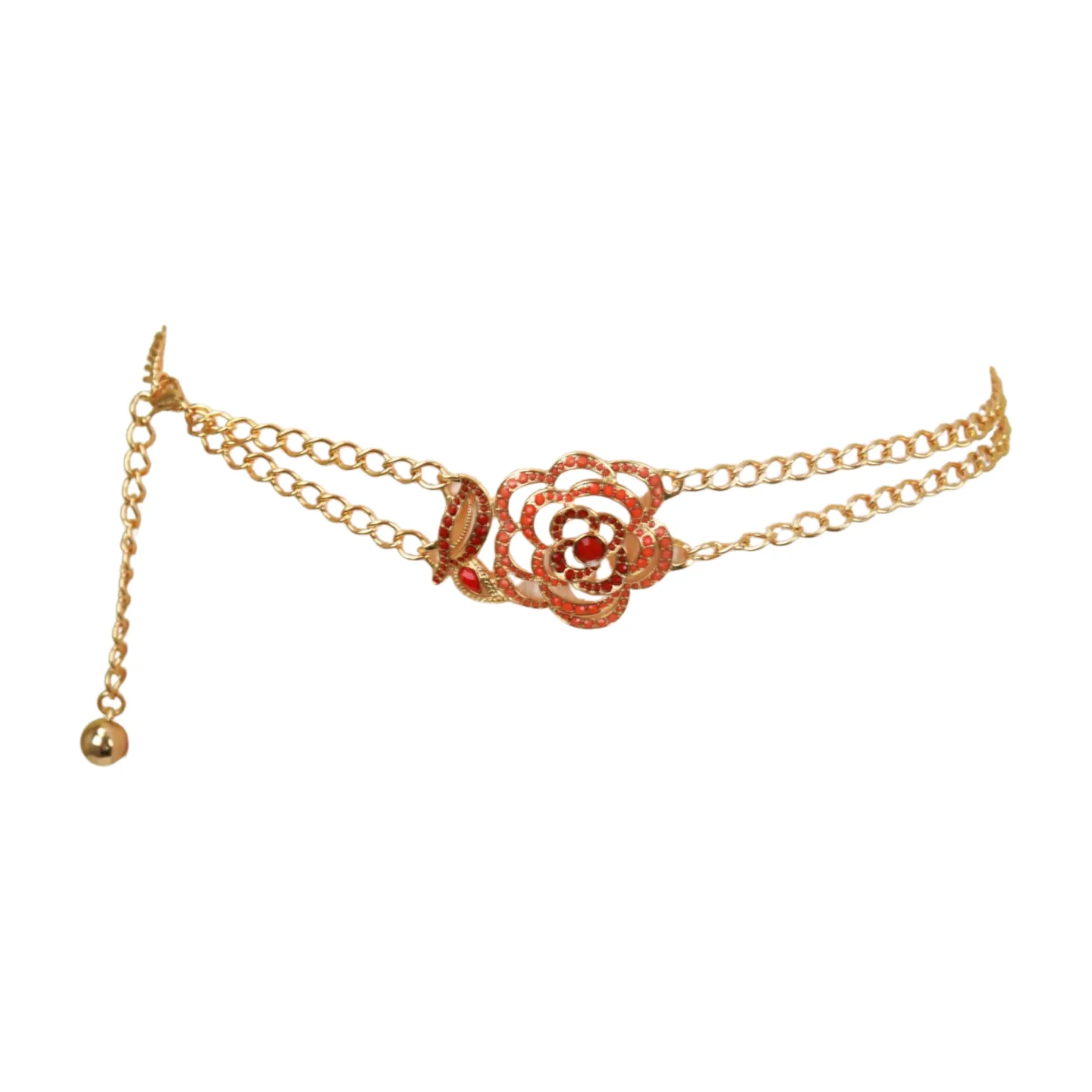 Gold Metal Chain Belt Hip High Waist Red Flower Charm S M