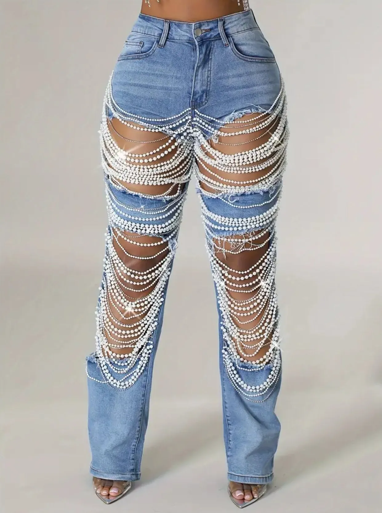 Pearl Chain, Boyfriend Denim Jeans, Straight Leg, Mid-Rise, Distressed Ripped