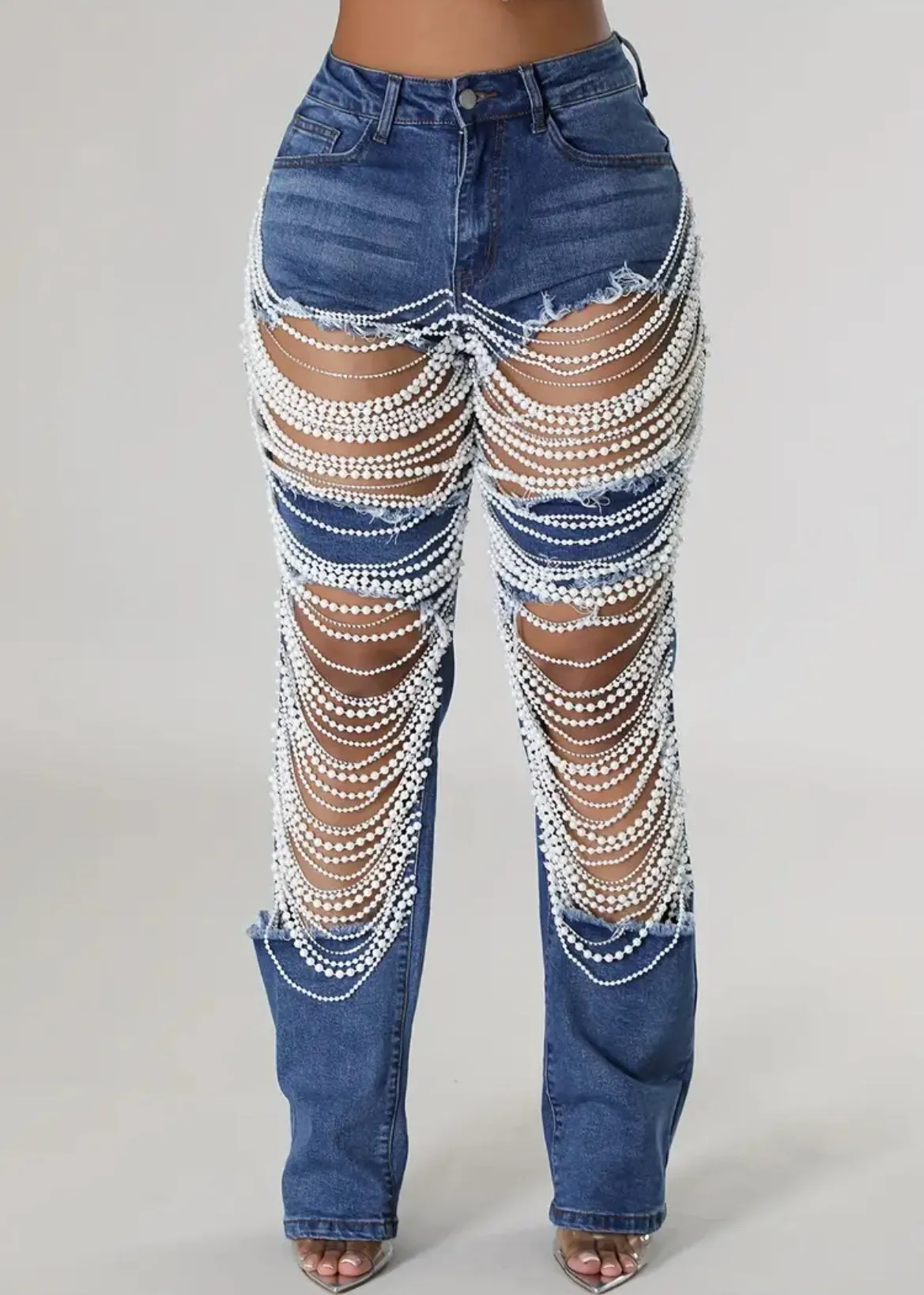 Pearl Chain, Boyfriend Denim Jeans, Straight Leg, Mid-Rise, Distressed Ripped