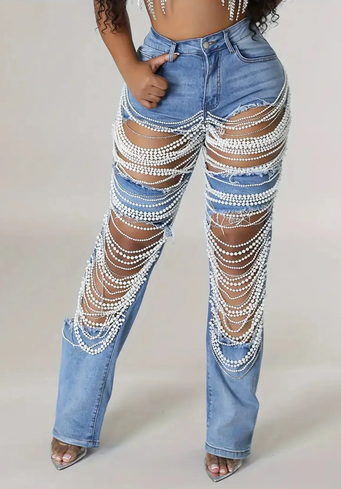 Pearl Chain, Boyfriend Denim Jeans, Straight Leg, Mid-Rise, Distressed Ripped