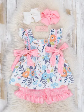 Pink & Blue Floral Bow Ruffle Outfit