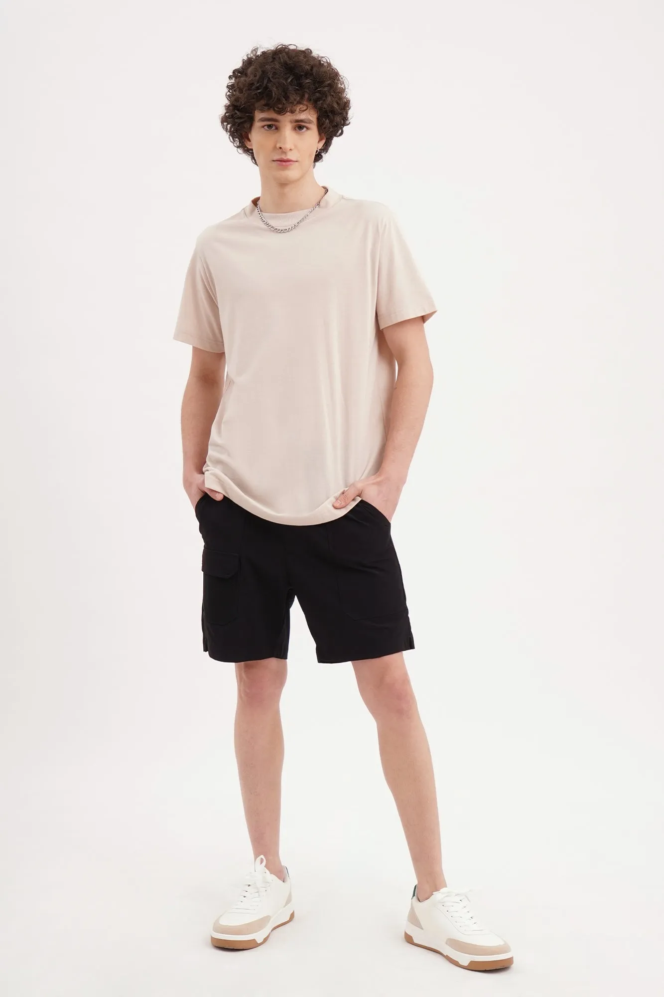 Relaxed Fit Knit Nylon Cargo Shorts with Mesh Pocket Detail