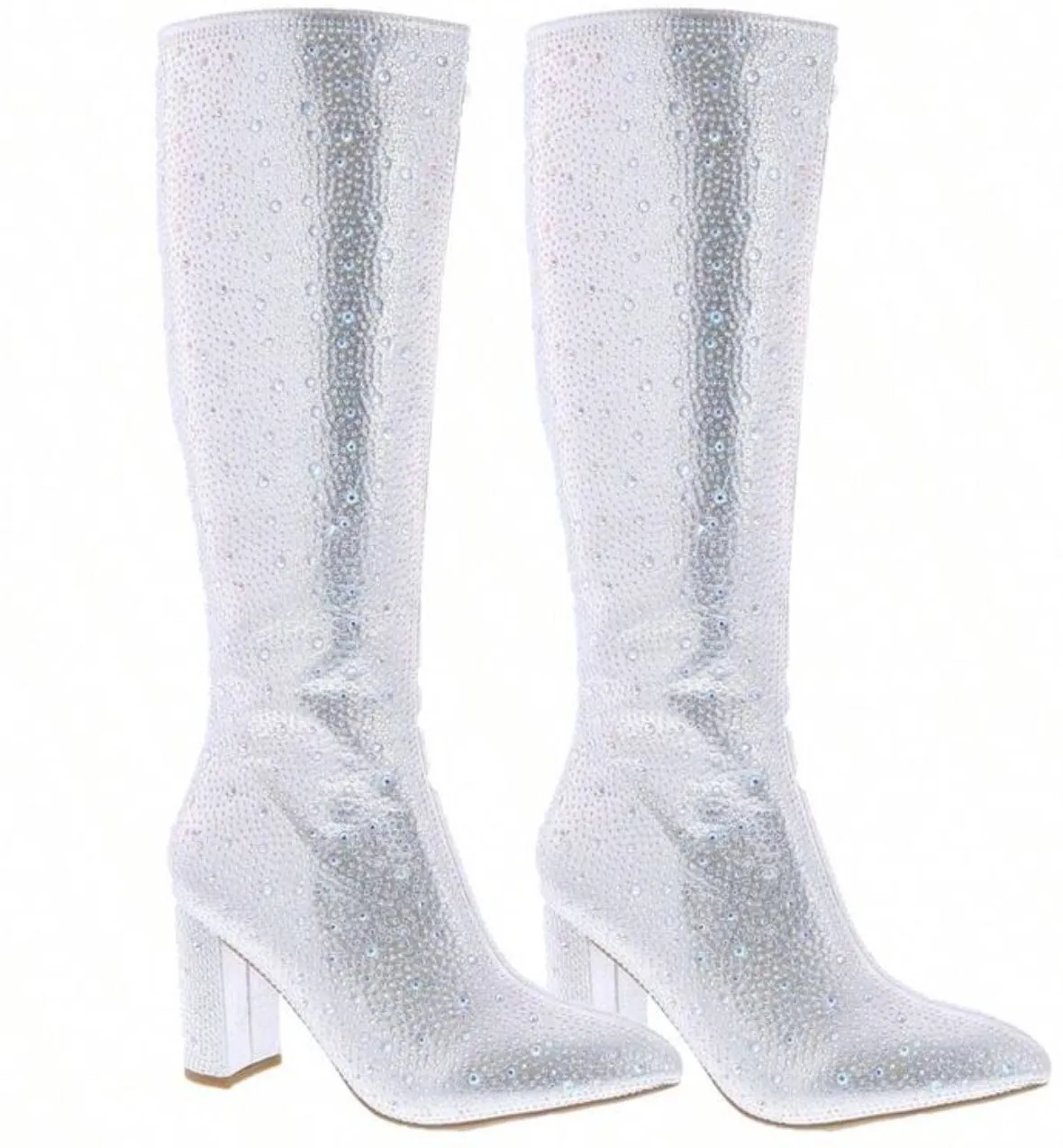 Rhinestone Side Zipper Chunky Heeled Boots, Women / Teen