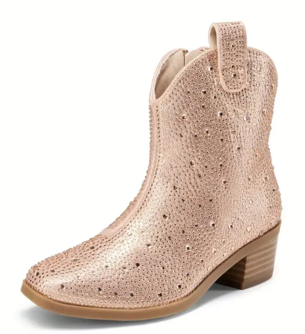 “Sparkling Cowgirl” Cowboy Rhinestone Ankle High Boots, Low Heel, Youth