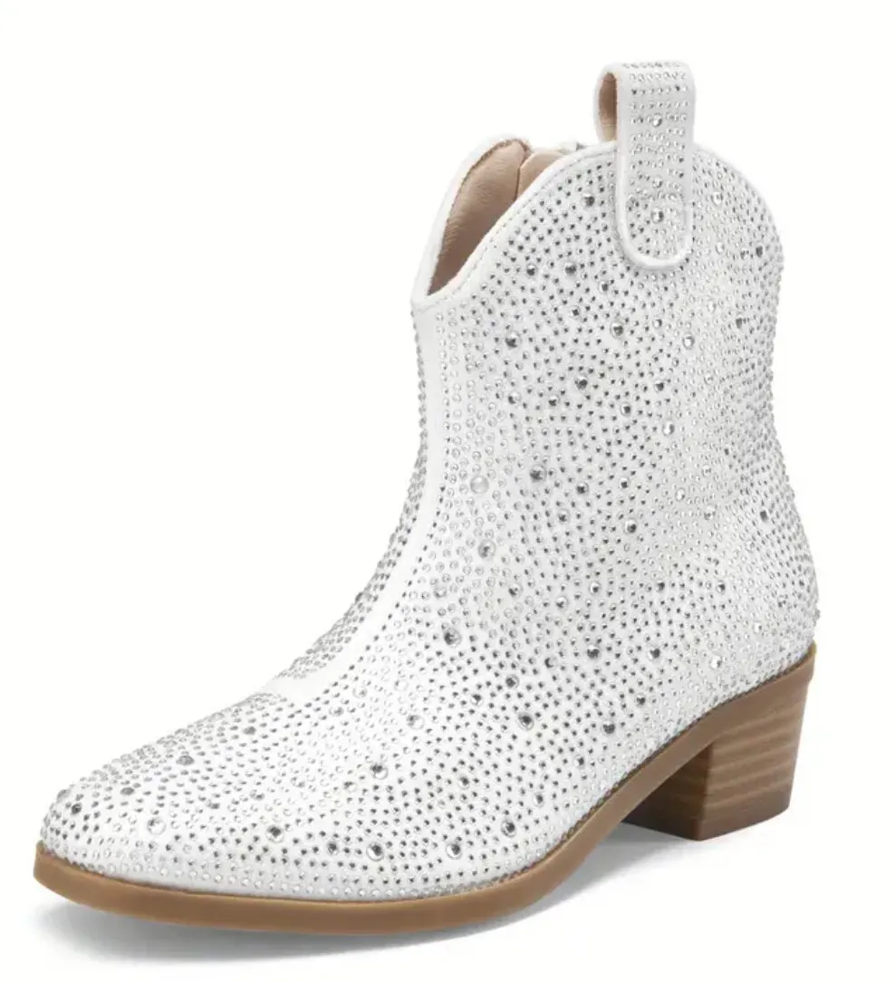 “Sparkling Cowgirl” Cowboy Rhinestone Ankle High Boots, Low Heel, Youth