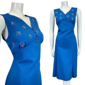 VINTAGE 60s 70s BLUE PINK SILVER EMBROIDERED FLOWER STAR SLEEVELESS MOD DRESS 14