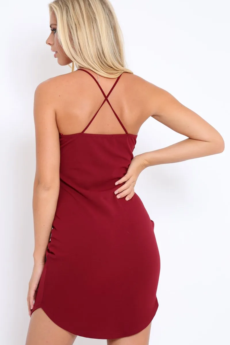 Wine Curved Hem Cross Strap Bodycon Dress - Kimmie